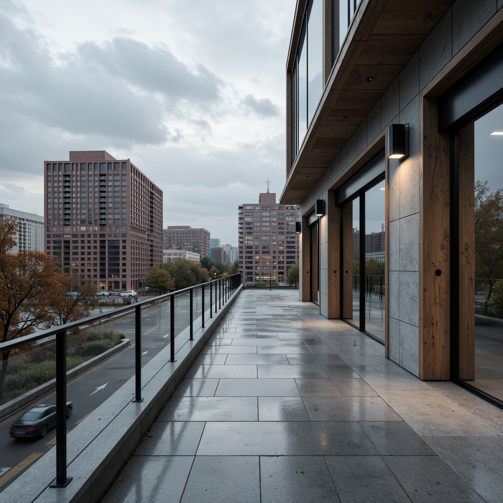 Prompt: Polished concrete floors, sleek metal surfaces, rough stone walls, minimalist wooden accents, matte glass railings, industrial-style lighting fixtures, modern brutalist architecture, clean lines, minimal ornamentation, functional simplicity, urban cityscape, cloudy grey skies, dramatic shadows, high contrast lighting, 1/1 composition, realistic reflections, ambient occlusion.