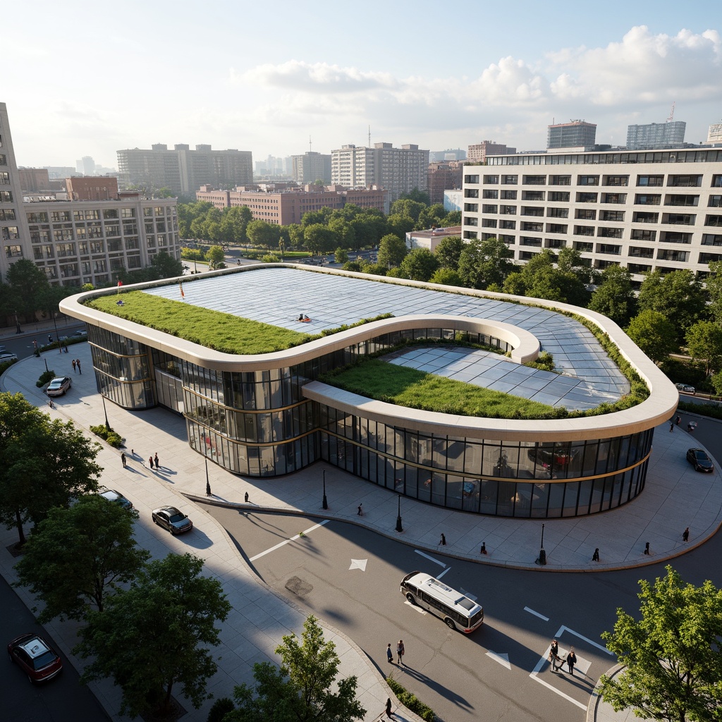 Prompt: Futuristic bus station, curved rooflines, cantilevered structures, transparent glass facades, green roofs, solar panels, rainwater harvesting systems, eco-friendly materials, modern urban architecture, bustling cityscape, afternoon sunlight, soft shadows, 1/1 composition, realistic textures, ambient occlusion.