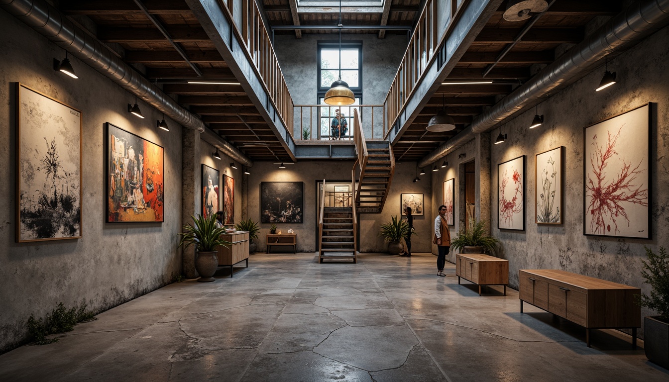 Prompt: Fragmented interior walls, irregular shapes, unconventional materials, distressed finishes, industrial pipes, exposed ductwork, reclaimed wood accents, metallic beams, cantilevered staircases, suspended ceilings, abstract art pieces, moody lighting, bold color contrasts, dynamic shadows, 1/1 composition, high-contrast textures, atmospheric rendering.