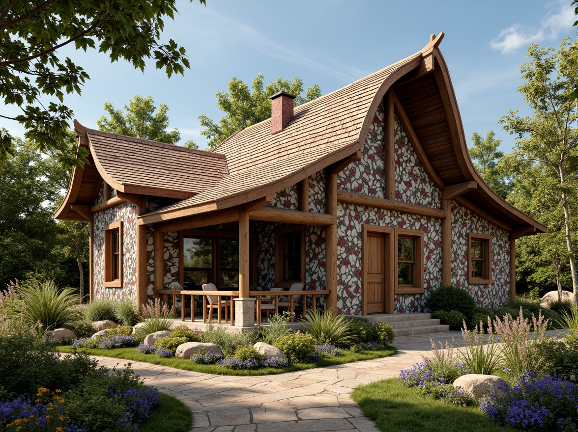 Prompt: Rustic rural cottage, whimsical floral patterns, curved lines, organic forms, ornate metalwork, intricate wooden carvings, stained glass windows, vibrant earthy tones, natural stone foundations, overhanging eaves, sloping roofs, lush greenery, blooming wildflowers, sunny afternoon, soft warm lighting, shallow depth of field, 3/4 composition, panoramic view, realistic textures, ambient occlusion.