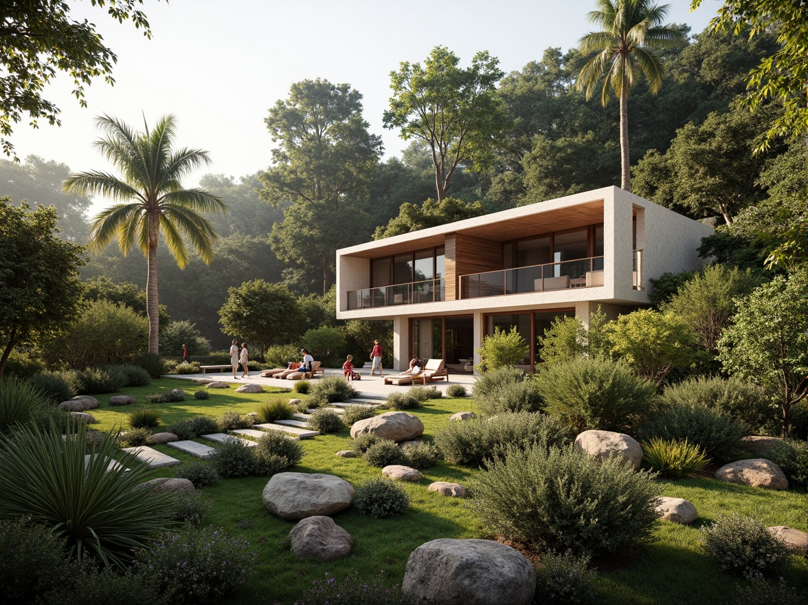 Prompt: Seamless building integration, natural surroundings, lush greenery, native plants, organic curves, earthy tones, wooden accents, stone walls, minimalist design, large windows, sliding glass doors, abundant natural light, soft warm lighting, blurred boundaries, 1/1 composition, symmetrical balance, realistic textures, ambient occlusion, serene atmosphere, eco-friendly materials, sustainable energy solutions.