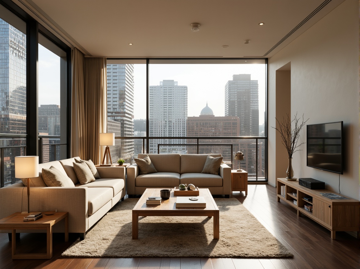 Prompt: \Cozy living room, comfortable sofas, wooden coffee tables, floor lamps, soft cushions, warm beige colors, natural wood textures, large windows, urban city views, modern minimalist decor, functional shelving units, hidden storage compartments, smart home devices, adjustable lighting systems, ergonomic furniture design, 1/1 composition, shallow depth of field, realistic reflections.\