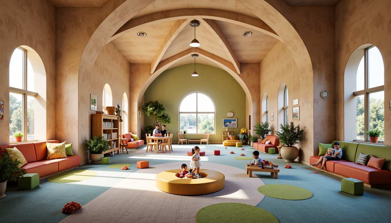 Prompt: Vibrant kindergarten interior, Romanesque style architecture, rounded archways, colorful murals, play-based learning zones, soft carpeted floors, wooden furniture, natural light pouring in, large windows, cozy reading nooks, whimsical decorations, educational toys and materials, child-sized tables and chairs, circular gathering spaces, gentle color palette, warm ambient lighting, subtle texture variations, 1/2 composition, inviting atmosphere.