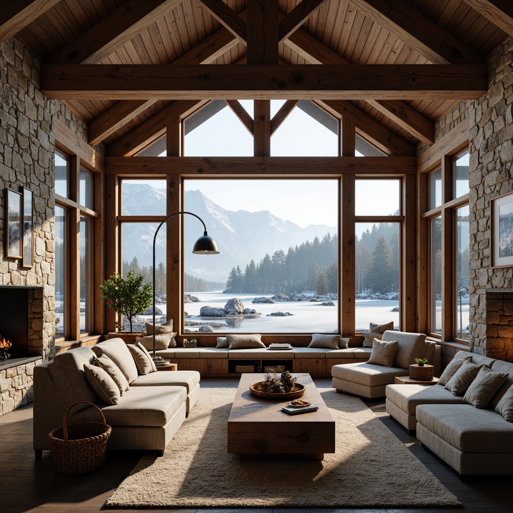 Prompt: Rustic ski lodge, wooden beams, stone walls, earthy tones, natural textiles, woven baskets, pinecone decorations, snow-capped mountains, frozen lakes, winter scenery, misty atmosphere, soft warm lighting, cozy fireplaces, reclaimed wood accents, eco-friendly insulation, green roofs, living walls, organic shapes, earth-inspired color palette, serene ambiance, panoramic views, realistic textures, ambient occlusion.