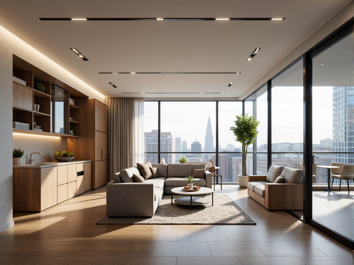 Prompt: Modern apartment, open-plan living space, minimal ornamentation, sleek lines, functional zones, optimized furniture arrangement, natural light influx, floor-to-ceiling windows, sliding glass doors, urban cityscape views, compact kitchenette, modular storage systems, space-saving solutions, ergonomic fixtures, soft warm lighting, 1/1 composition, realistic textures, ambient occlusion.