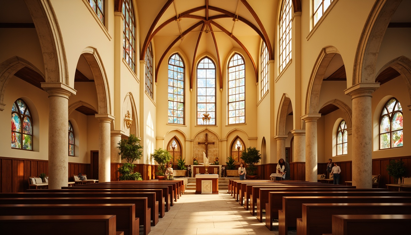 Prompt: Serene church interior, warm golden lighting, soft cream-colored walls, rich wood accents, stained glass windows, vibrant holy colors, ornate chandeliers, intricate stone carvings, majestic arches, peaceful atmosphere, subtle texture overlays, natural material blends, earthy tone color scheme, rustic wooden pews, elegant altar designs, sacred symbols, warm beige floors, soft focus, shallow depth of field, 1/2 composition, realistic rendering, ambient occlusion.