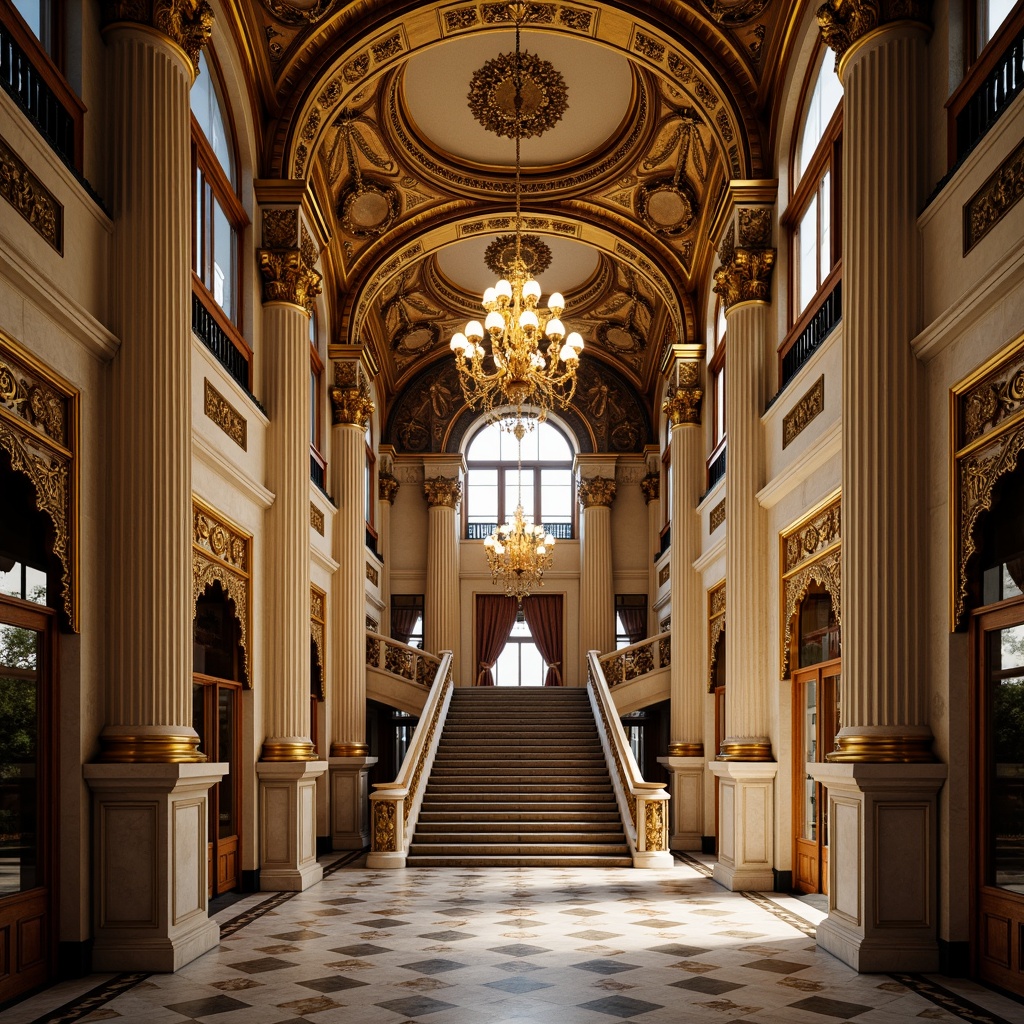 Prompt: Ornate columns, golden accents, intricate carvings, grandiose arches, sweeping staircases, opulent chandeliers, marble floors, stately halls, imposing facades, Baroque-inspired architecture, lavish decorations, richly textured fabrics, dignified atmosphere, soft warm lighting, shallow depth of field, 1/1 composition, symmetrical framing, realistic renderings, ambient occlusion.