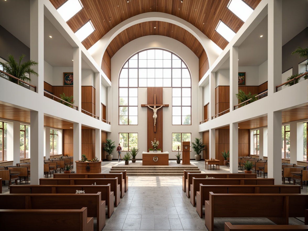 Prompt: Contemporary church interior, minimalist altar, stained glass windows, natural light pouring, wooden pews, modern lectern, abstract crucifix, geometric patterns, vaulted ceiling, clerestory windows, open floor plan, community gathering space, comfortable seating areas, vibrant color scheme, indirect soft lighting, 1/1 composition, symmetrical balance, realistic textures, subtle ambient occlusion.