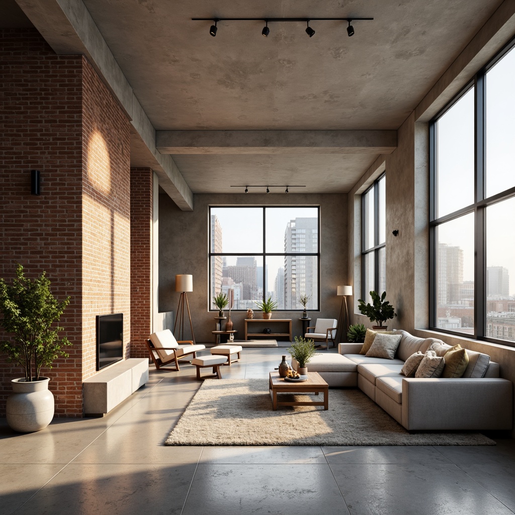 Prompt: Modern apartment, urban loft, industrial chic, exposed brick walls, polished concrete floors, minimalist decor, monochromatic color scheme, bold accent walls, pastel hues, soft warm lighting, cozy ambiance, comfortable furniture, plush textiles, natural materials, earthy tones, calming atmosphere, Scandinavian-inspired design, functional layout, open-plan living, floor-to-ceiling windows, cityscape views, morning sunlight, subtle gradient effects.