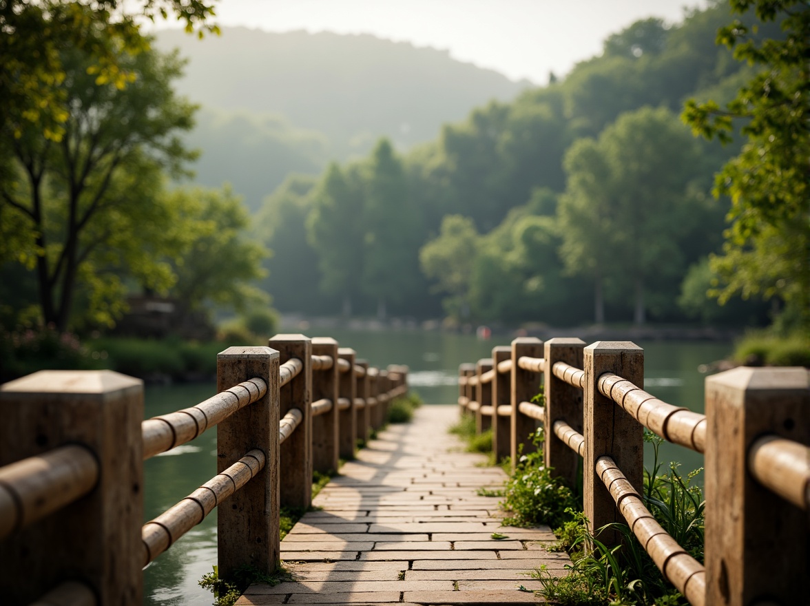 Prompt: Rustic wooden bridge, natural stone pillars, earthy tone railings, woven wicker handrails, verdant greenery surroundings, serene river flowing beneath, misty morning atmosphere, soft warm lighting, shallow depth of field, 3/4 composition, panoramic view, realistic textures, ambient occlusion.