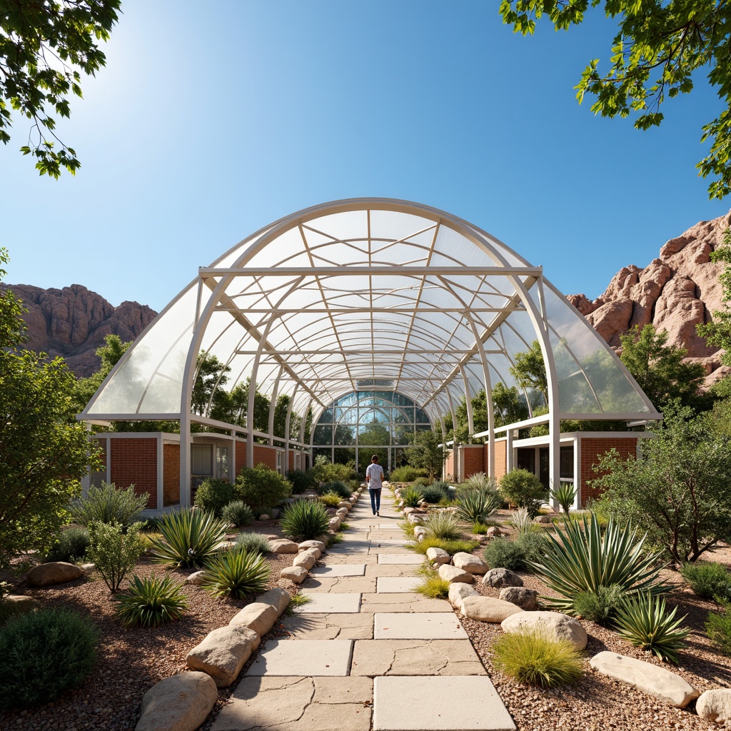 Prompt: Desert greenhouse, futuristic architecture, transparent polycarbonate roof, automatic ventilation systems, evaporative cooling pads, misting nozzles, climate-controlled environment, tropical plants, succulents, cacti, sand-filled planters, irrigation systems, drip irrigation, hydroponics, desert landscape, clear blue sky, hot sunny day, natural stone pathways, metal trellises, shading systems, photovoltaic panels, energy-efficient solutions, sustainable agriculture practices, organic farming methods, humidification systems, air purification units, 3/4 composition, shallow depth of field, panoramic view.