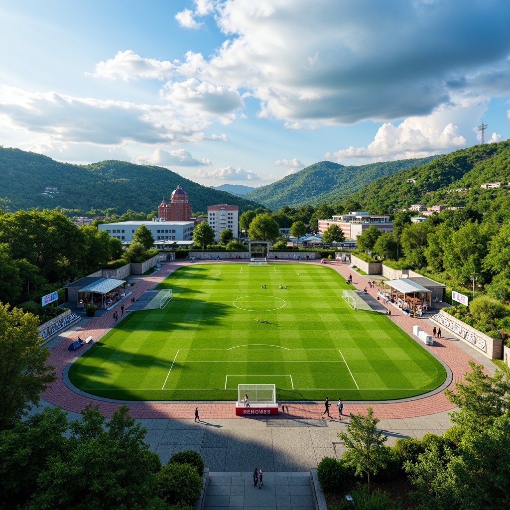 Prompt: Lush green athletic fields, rolling hills, natural stone retaining walls, sports equipment, goalposts, scoreboards, spectator seating, concession stands, modern LED lighting, stadium architecture, curved lines, dynamic shapes, vibrant team colors, sunny day, dramatic cloud formations, shallow depth of field, 3/4 composition, panoramic view, realistic textures, ambient occlusion.