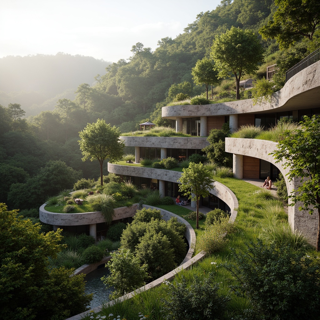 Prompt: Seamless site integration, organic curves, lush green roofs, native plant species, natural stone walls, wooden accents, cantilevered structures, panoramic views, surrounding forest, misty morning atmosphere, soft warm lighting, shallow depth of field, 3/4 composition, realistic textures, ambient occlusion.