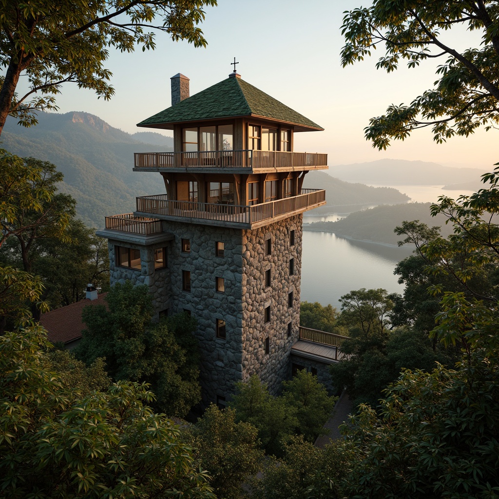 Prompt: Secluded watchtower, rugged stone walls, verdant foliage, twisted tree branches, moss-covered roofs, wooden observation decks, scenic overlooks, panoramic views, misty mornings, warm golden lighting, soft focus, atmospheric perspective, 1/1 composition, symmetrical framing, natural textures, realistic details, subtle color palette, earthy tones, rustic charm, harmonious integration with surroundings.