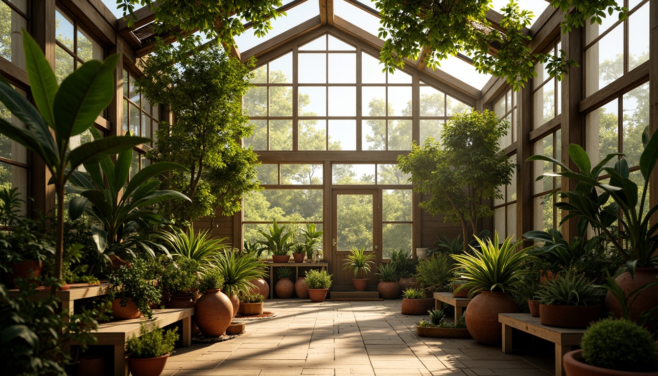 Prompt: Vibrant greenhouse interior, lush tropical plants, warm natural light, earthy terracotta pots, rustic wooden benches, misting irrigation systems, humid atmosphere, soft diffused lighting, 1/2 composition, intimate focal length, realistic textures, subtle color grading.