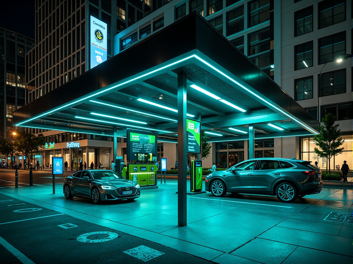 Prompt: Modern electric vehicle charging station, sleek metal framework, vibrant neon lights, bold color scheme, futuristic ambiance, urban cityscape, nighttime atmosphere, dark blue and green hues, LED strips, dynamic lighting effects, high-tech gadgets, minimalist design, industrial materials, concrete floors, steel beams, exposed ductwork, overhead signage, informative displays, safety markings, accessibility features, wheelchair ramps, eco-friendly branding, sustainable energy logos.