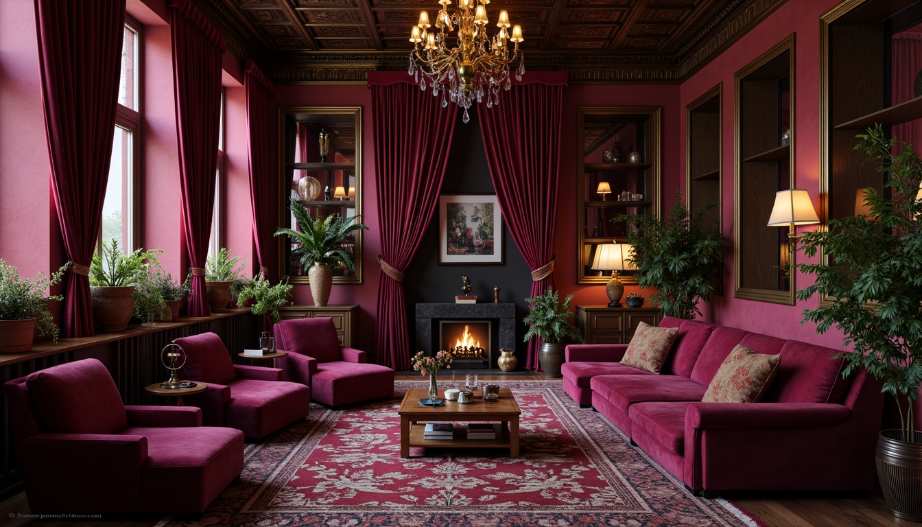 Prompt: Rich plum hues, luxurious velvet textures, ornate golden accents, lavish furnishings, opulent drapery, regal atmosphere, warm soft lighting, intimate setting, dark wood tones, mysterious shadows, dramatic color contrasts, bold brushstrokes, artistic expressions, eclectic decorative patterns, bohemian chic style, vintage elegance, sophisticated ambiance.