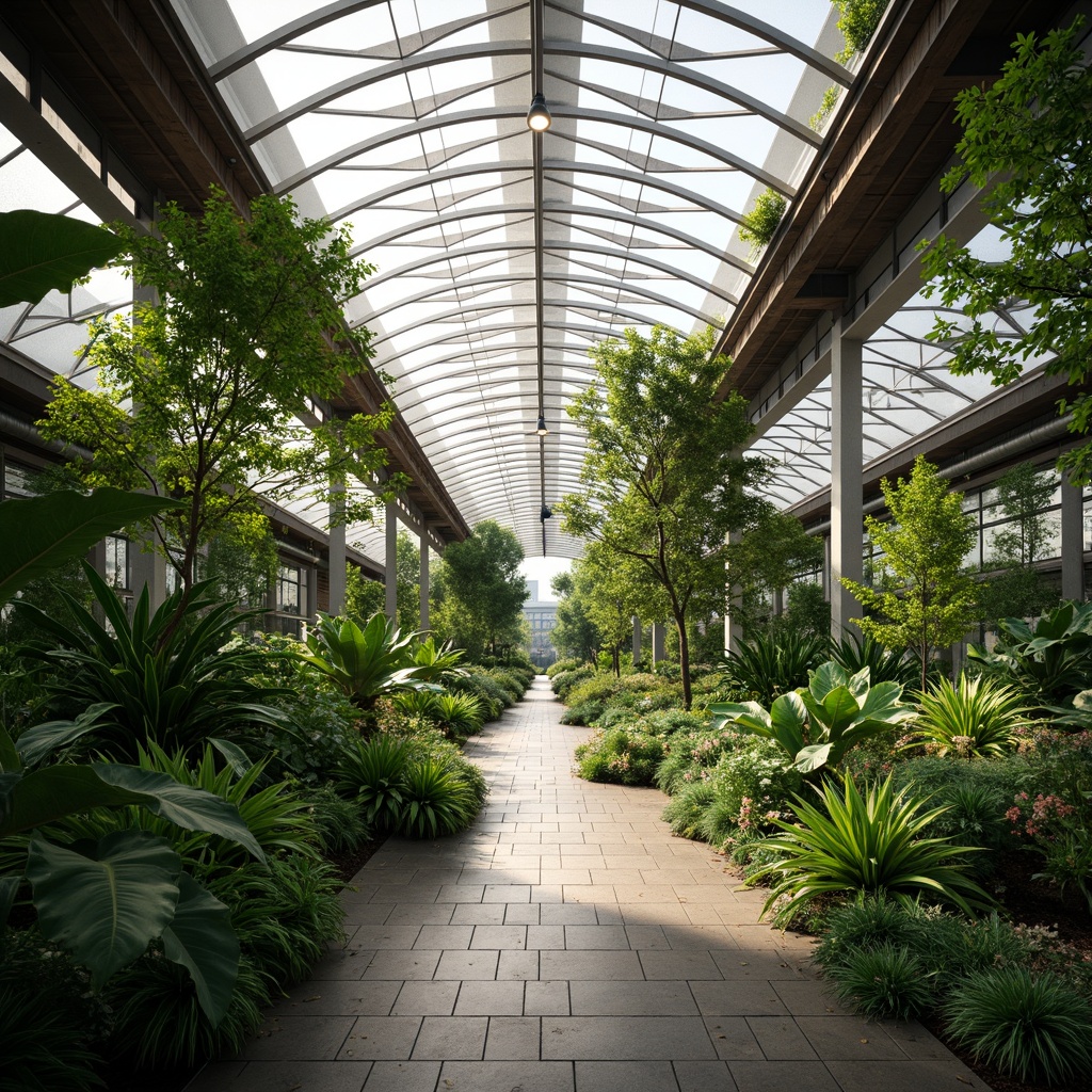 Prompt: Lush vegetation, tropical plants, natural light, steel frames, curved glass roofs, wooden beams, industrial pipes, modern minimalist design, sustainable materials, energy-efficient systems, automatic irrigation, climate control, misting systems, warm humid atmosphere, soft diffused lighting, shallow depth of field, 1/1 composition, symmetrical framing, vibrant green textures, ambient occlusion.