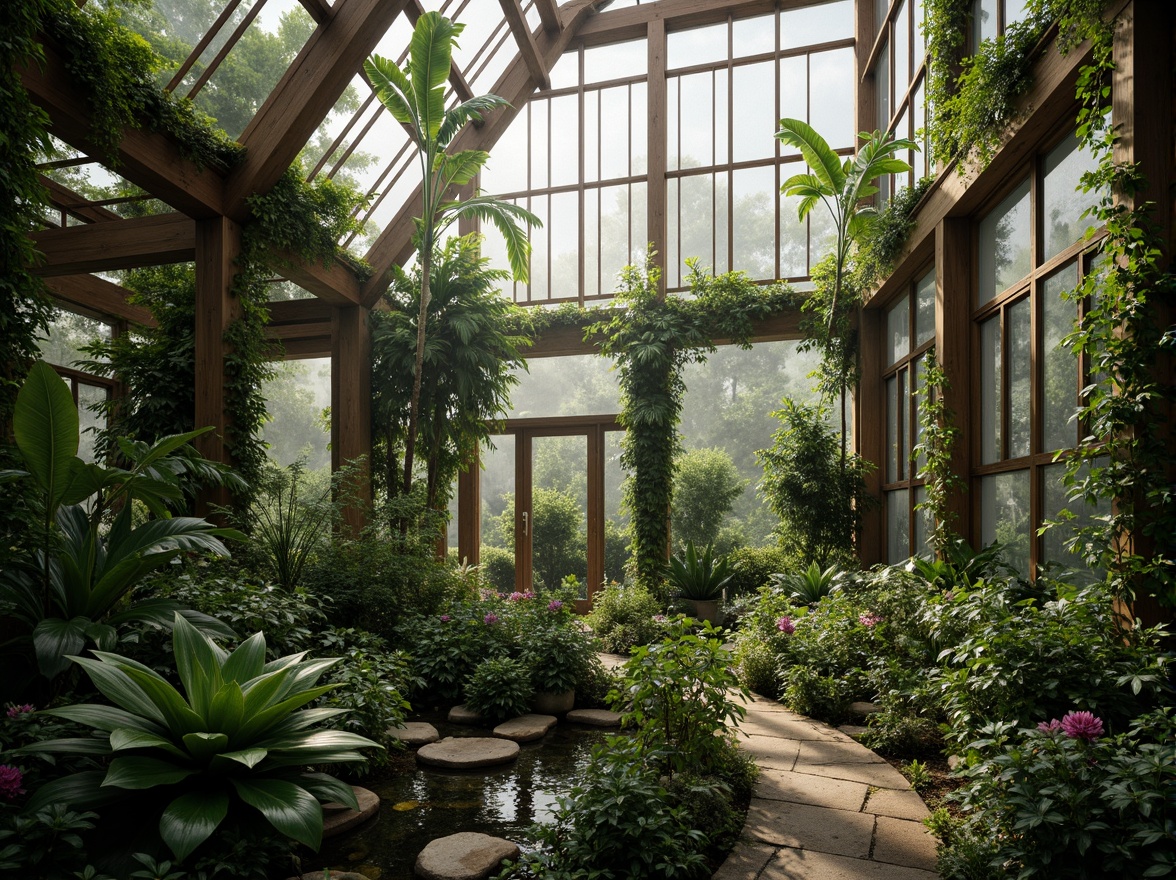 Prompt: Naturalistic greenhouse, lush tropical plants, misty atmosphere, wooden trellises, vines crawling walls, organic shapes, earthy tones, rustic metal frames, abundant natural light, soft diffused lighting, 1/1 composition, intimate close-up shots, realistic foliage textures, ambient occlusion, serene ambiance, warm color palette, subtle water features, meandering stone pathways, blooming flowers, gentle breeze sounds.