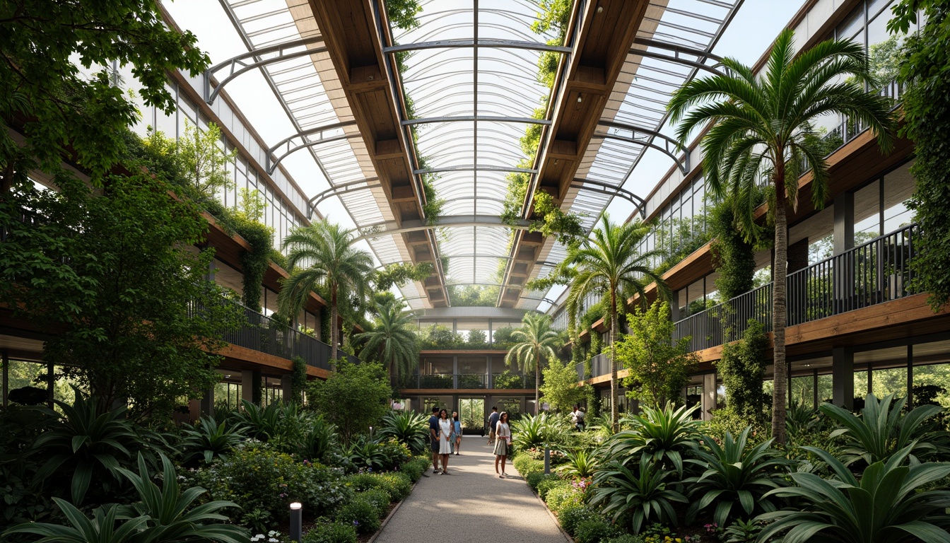 Prompt: Lush tropical plants, curved glass roofs, steel frame structures, wooden trellises, clerestory windows, natural ventilation systems, misting irrigation systems, organic gardens, botanical exhibits, warm humid climates, soft diffused lighting, shallow depth of field, 1/1 composition, realistic plant textures, ambient occlusion.