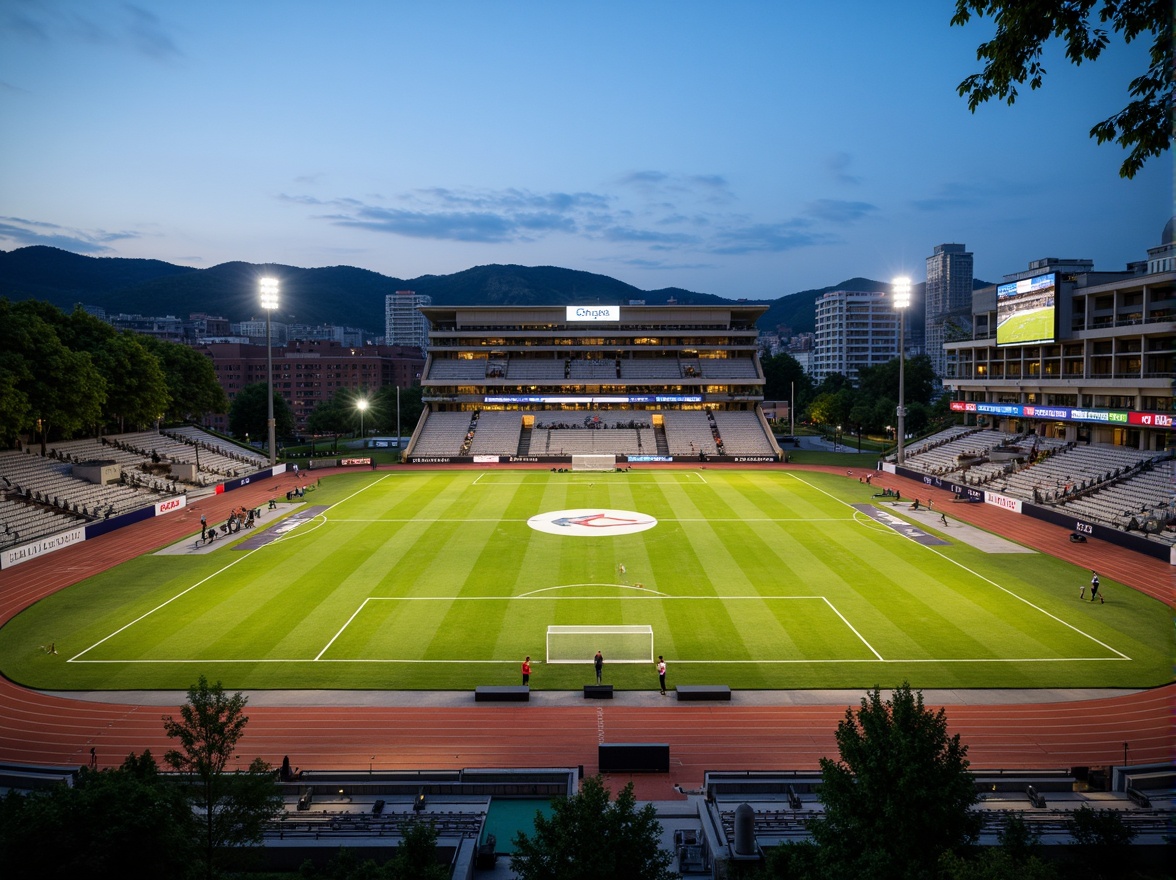 Prompt: Natural grass pitches, athletic tracks, sports equipment, goalposts, bleachers, scoreboard displays, outdoor floodlights, evening warm glow, shallow depth of field, 3/4 composition, panoramic view, realistic textures, ambient occlusion, modern stadium architecture, sleek metal structures, glass facades, vibrant team colors, dynamic LED lighting, urban cityscape backdrop, sunny day, clear blue sky, rolling hills, natural surroundings.