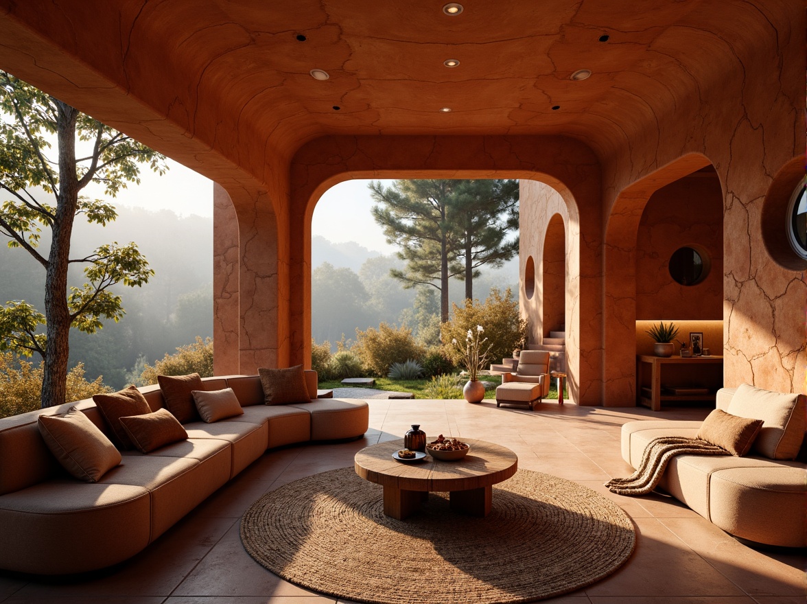 Prompt: Warm persimmon hues, earthy terracotta tones, rich sienna accents, natural stone textures, organic shapes, curved lines, cozy nooks, inviting ambiance, soft warm lighting, rustic wooden furniture, woven textiles, plush throw blankets, autumnal forest surroundings, misty morning atmosphere, shallow depth of field, 2/3 composition, realistic rendering, ambient occlusion.