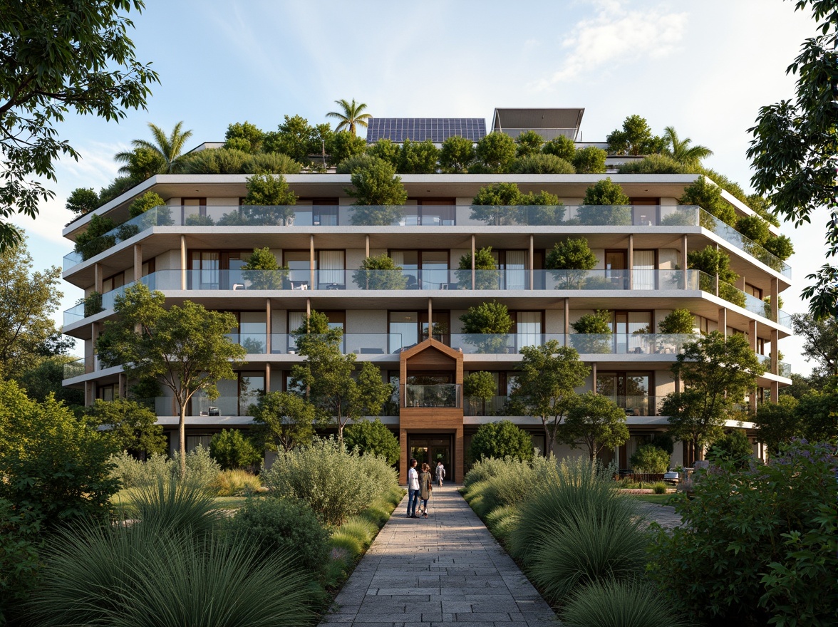 Prompt: Eco-friendly hotel facade, lush green roofs, solar panels, wind turbines, rainwater harvesting systems, organic gardens, reclaimed wood accents, living walls, natural stone flooring, energy-efficient lighting, minimalist decor, recycled materials, zero-waste policies, locally sourced furnishings, bamboo textiles, earthy color palette, warm ambient lighting, shallow depth of field, 3/4 composition, panoramic view, realistic textures, ambient occlusion.