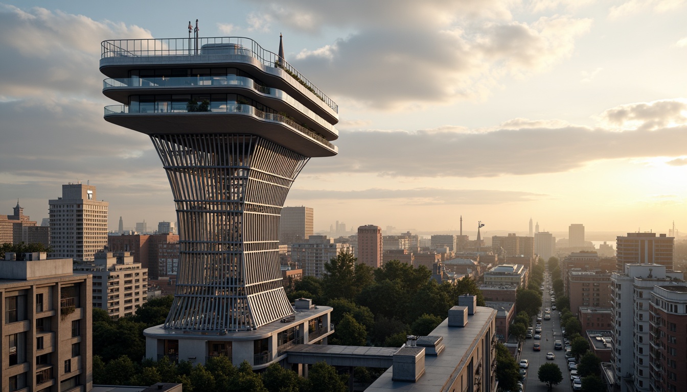 Prompt: Futuristic watchtower, sleek metal latticework, angular lines, minimalist design, cantilevered observation decks, modernist architectural style, reinforced concrete foundations, geometric shape, industrial materials, metallic textures, bold color schemes, panoramic views, 3/4 composition, shallow depth of field, soft warm lighting, dramatic shadows, urban cityscape background, cloudy sky with sunbeams.