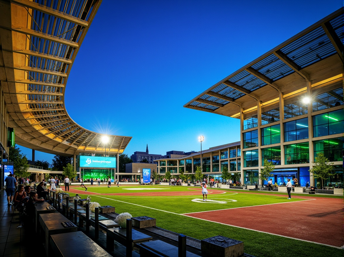 Prompt: Vibrant sports stadium, fusion architecture, bold geometric shapes, dynamic curves, futuristic design, electric blue accents, neon green highlights, warm beige concrete, sleek metal beams, transparent glass fa\u00e7ade, retractable roof, lush green turf, athletic track, scoreboards, floodlights, evening atmosphere, soft warm lighting, shallow depth of field, 2/3 composition, panoramic view, realistic textures, ambient occlusion.