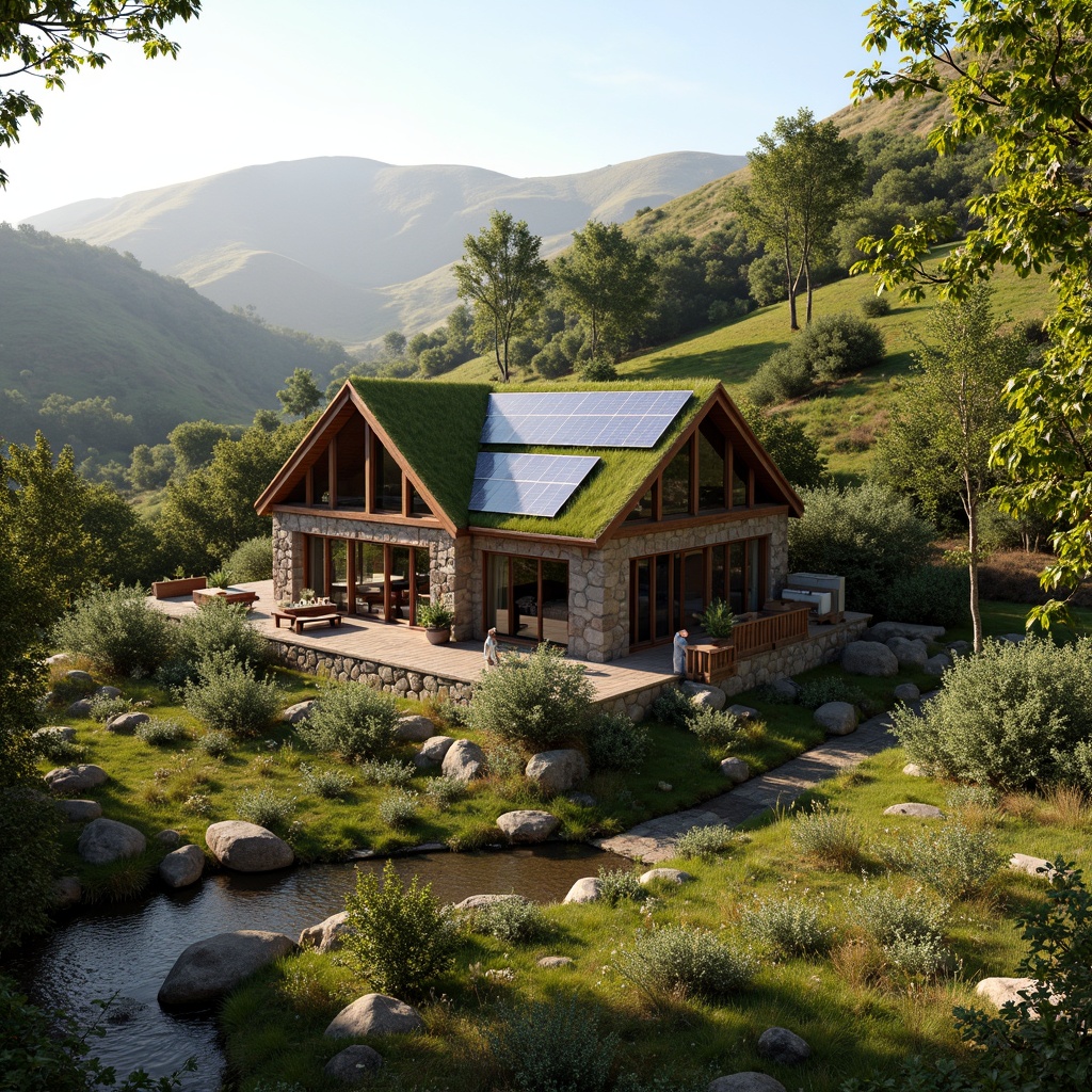 Prompt: Rustic rural cottage, natural stone foundation, earthy tones, wooden accents, green roof, solar panels, wind turbines, rainwater harvesting system, organic garden, meandering streams, lush vegetation, rolling hills, serene countryside, soft warm lighting, shallow depth of field, 3/4 composition, panoramic view, realistic textures, ambient occlusion.