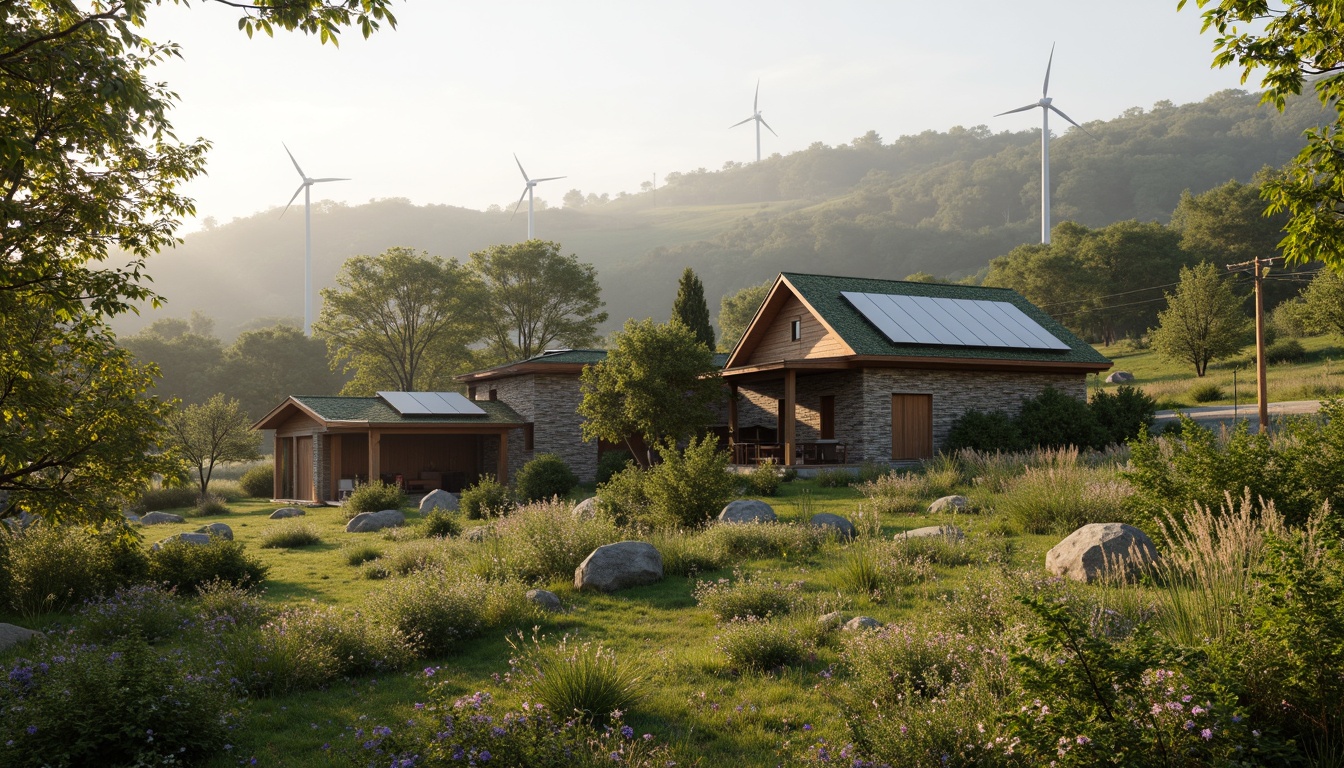 Prompt: Rustic rural cottage, natural stone walls, wooden accents, earthy tones, lush green roofs, solar panels, wind turbines, rainwater harvesting systems, organic gardens, wildflower meadows, serene countryside views, misty mornings, soft warm lighting, 1/1 composition, intimate framing, realistic textures, ambient occlusion.