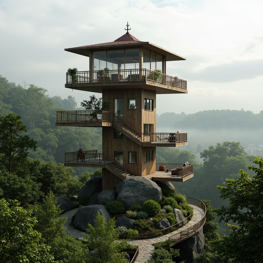 Prompt: Panoramic watching tower, harmonious landscape integration, lush greenery surroundings, winding stone paths, wooden decking, rustic railings, scenic lookout points, binoculars installations, nature-inspired architecture, earthy tone colors, blending with terrain, organic forms, natural ventilation systems, solar panels, eco-friendly materials, cantilevered structures, dramatic verticality, misty morning atmosphere, soft warm lighting, 3/4 composition, realistic textures, ambient occlusion.