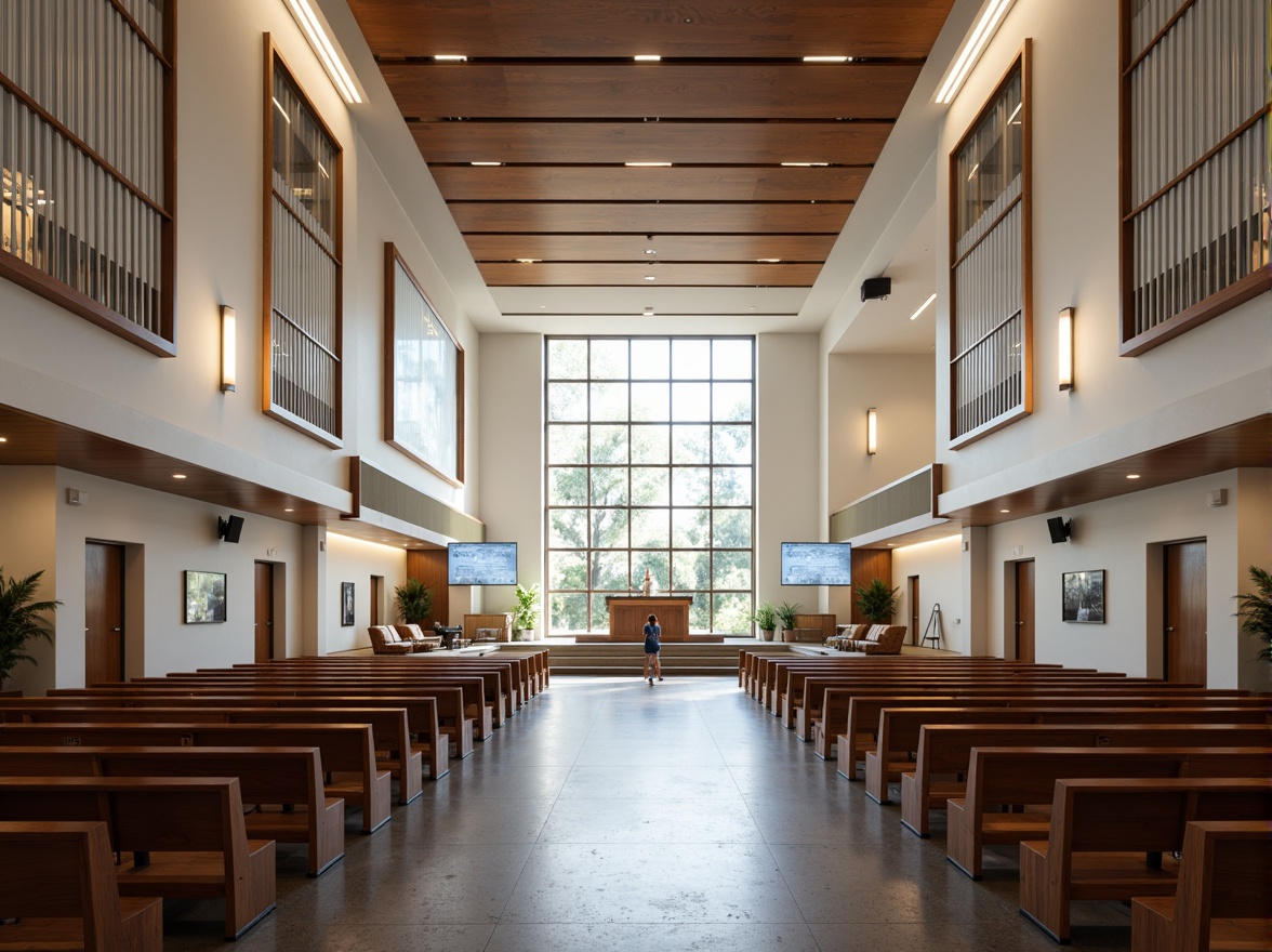 Prompt: Contemporary church interior, minimalist altar design, stained glass windows, natural light pouring in, warm wooden pews, sleek metal accents, open floor plan, community gathering spaces, modern audio-visual systems, projection screens, subtle LED lighting, polished concrete floors, geometric patterns on walls and ceilings, grand entrance with sliding glass doors, angular lines and shapes, spiritual ambiance, peaceful atmosphere, shallow depth of field, 1/1 composition, realistic textures, ambient occlusion.