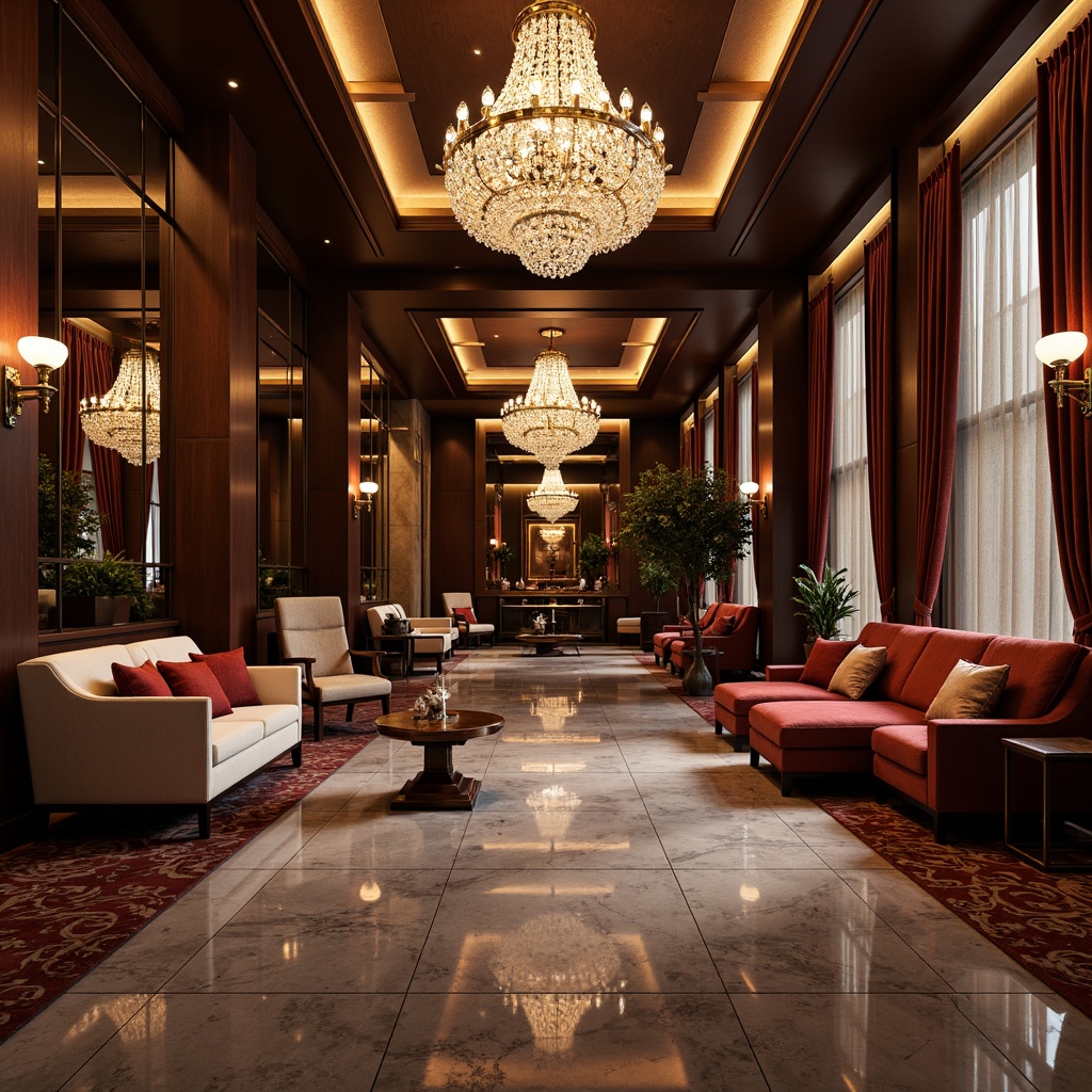 Prompt: Luxurious interior, rich wood textures, polished marble surfaces, sleek metal accents, plush velvet fabrics, crystal chandeliers, ambient warm lighting, shallow depth of field, 3/4 composition, realistic reflections, ornate decorative patterns, opulent furniture designs, lavish color schemes, grandiose architectural elements.