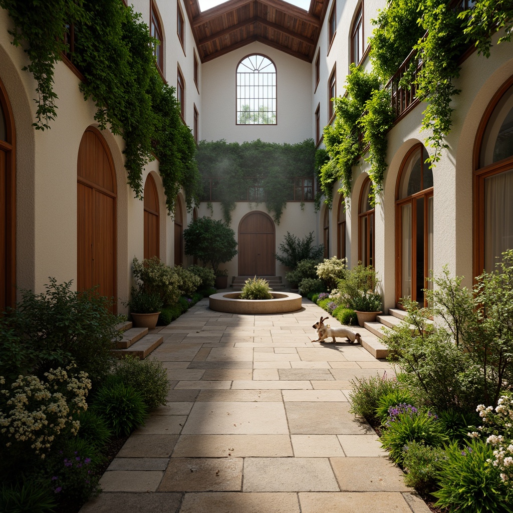 Prompt: Serene monastery courtyard, lush greenery walls, natural stone flooring, wooden accents, vaulted ceilings, stained glass windows, peaceful fountain sounds, soft warm lighting, organic shapes, earthy color palette, rustic textures, verdant plants, blooming flowers, misty morning atmosphere, shallow depth of field, 1/1 composition, symmetrical framing, realistic materials, ambient occlusion.