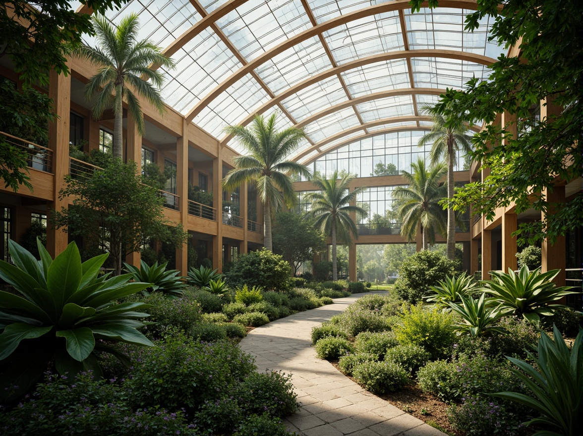 Prompt: Vibrant botanical greenhouse, lush tropical plants, natural stone walls, wooden trellises, misting systems, warm soft lighting, shallow depth of field, 3/4 composition, panoramic view, realistic textures, ambient occlusion, calming green hues, monochromatic color scheme, contrasting foliage textures, harmonious leaf patterns, earthy brown accents, refreshing atmosphere, humid climate control, advanced irrigation systems, sustainable materials, eco-friendly design, futuristic architecture, curved glass roofs, minimalist interior, natural ventilation systems.