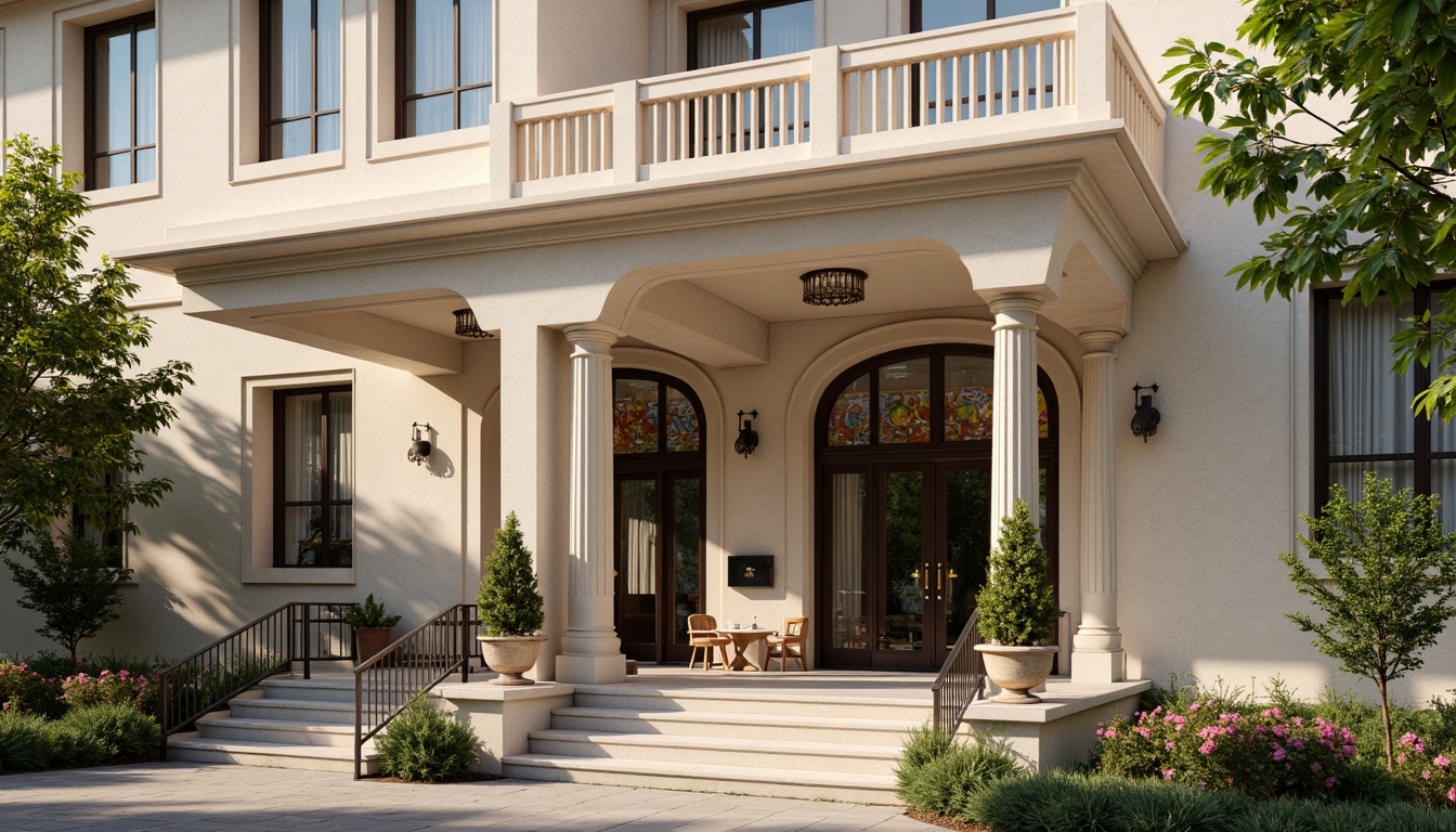 Prompt: Elegant hotel facade, classical architectural details, grand entrance, ornate columns, stately arches, neutral color palette, cream stone walls, bronze metal accents, stained glass windows, intricate stonework patterns, lush greenery, blooming flowers, sunny day, soft warm lighting, shallow depth of field, 3/4 composition, panoramic view, realistic textures, ambient occlusion.