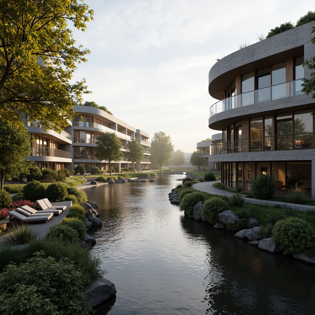 Prompt: Riverbank architecture, curved lines, natural stone fa\u00e7ade, green roofs, cantilevered balconies, floor-to-ceiling windows, wooden accents, modern minimalism, tranquil atmosphere, lush vegetation, rippling water effects, misty morning light, soft warm glow, shallow depth of field, 3/4 composition, panoramic view, realistic textures, ambient occlusion.