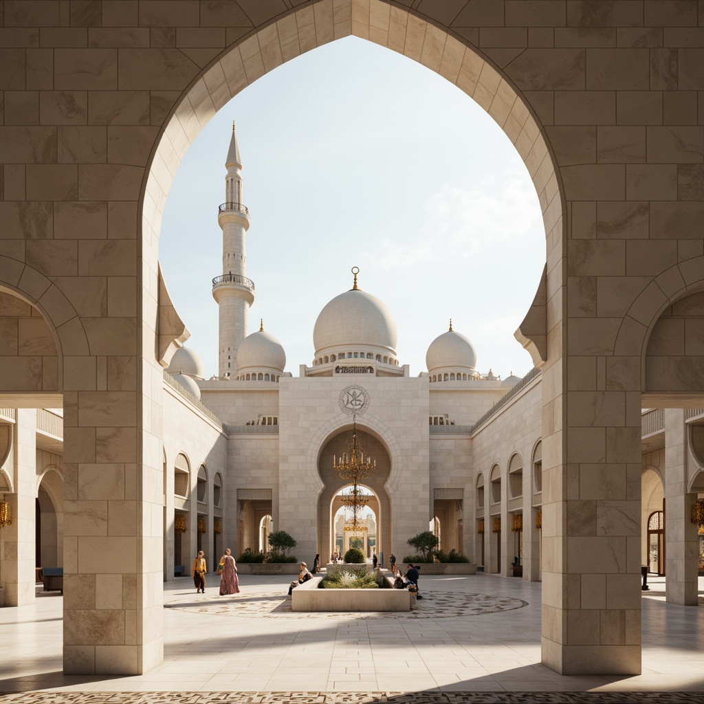 Prompt: Minimalist mosque, clean lines, rectangular forms, simple arches, pointed domes, slender minarets, geometric patterns, Islamic calligraphy, marble floors, ornate chandeliers, grand prayer halls, vaulted ceilings, natural light pouring in, soft warm ambiance, shallow depth of field, 3/4 composition, symmetrical framing, realistic textures, ambient occlusion.