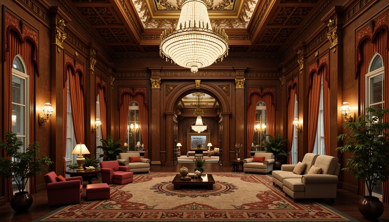 Prompt: Grand chandelier, opulent furnishings, lavish decorations, intricate carvings, ornate mirrors, majestic columns, patterned rugs, luxurious textiles, velvet drapes, gilded accents, regal ambiance, high ceilings, crystal candelabras, refined wood tones, sophisticated color palette, elegant archways, stately furniture, subtle lighting effects, soft focus, 1/1 composition, atmospheric rendering.