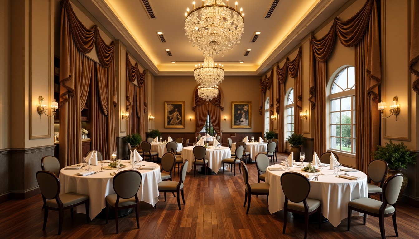 Prompt: Elegant dining hall, warm beige walls, rich walnut wood flooring, luxurious velvet drapes, crystal chandeliers, soft golden lighting, intimate ambiance, formal tablescape, fine china dinnerware, ornate silverware, plush upholstered chairs, sophisticated neutral tones, creamy whites, soothing grays, earthy browns, vibrant accent colors, dynamic 3/4 composition, harmonious color harmony, atmospheric depth of field.