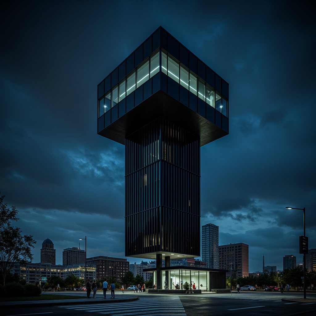 Prompt: Sleek Watchtower, bold black accents, metallic silvers, deep blues, contrasting whites, minimalist design, geometric patterns, clean lines, industrial materials, concrete structures, functional simplicity, urban cityscape, moody night atmosphere, dramatic spotlighting, low-angle shot, 1/1 composition, cinematic mood, realistic textures, ambient occlusion.