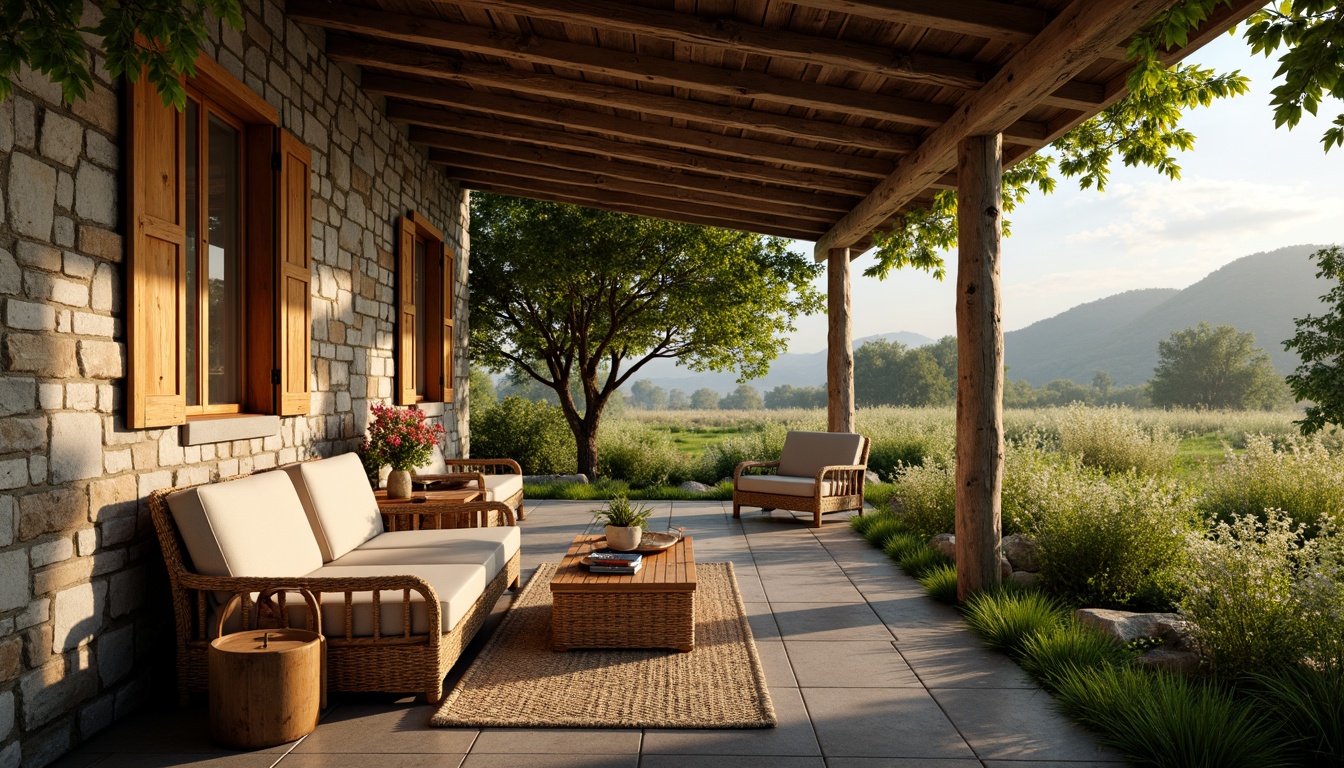 Prompt: Rustic rural cottage, natural stone walls, wooden beams, earthy color palette, reclaimed wood accents, woven wicker furniture, vintage metal decor, lush greenery surroundings, overhanging trees, wildflower fields, rolling hills, soft misty mornings, warm golden lighting, shallow depth of field, 1/1 composition, realistic textures, ambient occlusion.