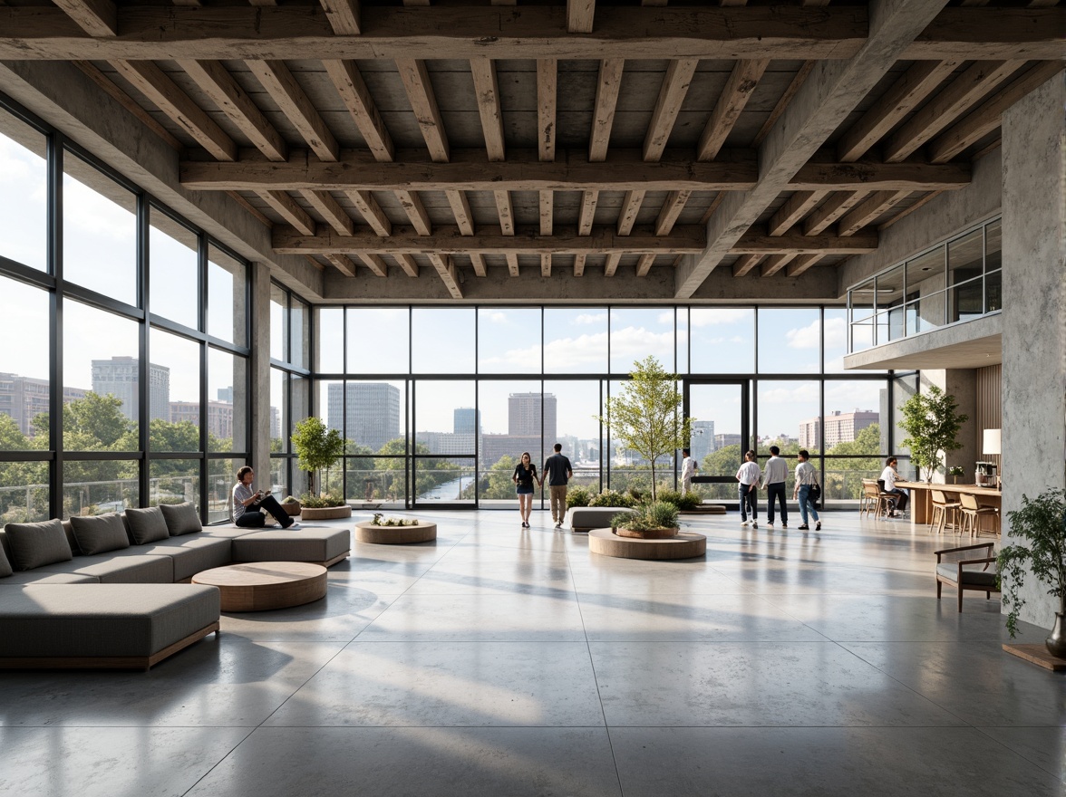 Prompt: Exposed concrete walls, industrial metal beams, reclaimed wood accents, polished marble floors, sleek glass facades, minimalist ornamental details, functional simplicity, monochromatic color palette, abundant natural light, open floor plans, geometric shapes, clean lines, sparse greenery, urban cityscape views, dramatic shading, high-contrast lighting, shallow depth of field, 1/1 composition, cinematic atmosphere, realistic reflections.