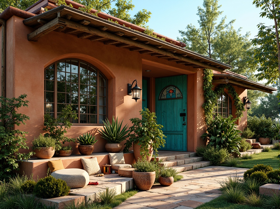 Prompt: Rustic rural cottage, curved lines, flowing ornaments, organic shapes, botanical motifs, stained glass windows, intricate wooden doors, ornate metalwork, vibrant turquoise accents, earthy terracotta tones, lush greenery, overgrown vines, wildflowers, sunny afternoon, soft warm lighting, shallow depth of field, 3/4 composition, panoramic view, realistic textures, ambient occlusion.