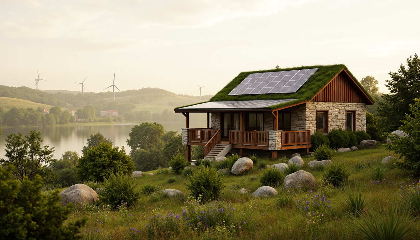 Prompt: Rustic rural cottage, earthy tone, natural stone walls, wooden accents, green roof, solar panels, wind turbines, eco-friendly materials, sustainable energy solutions, serene countryside, rolling hills, lush greenery, wildflowers, misty morning, soft warm lighting, shallow depth of field, 3/4 composition, panoramic view, realistic textures, ambient occlusion.