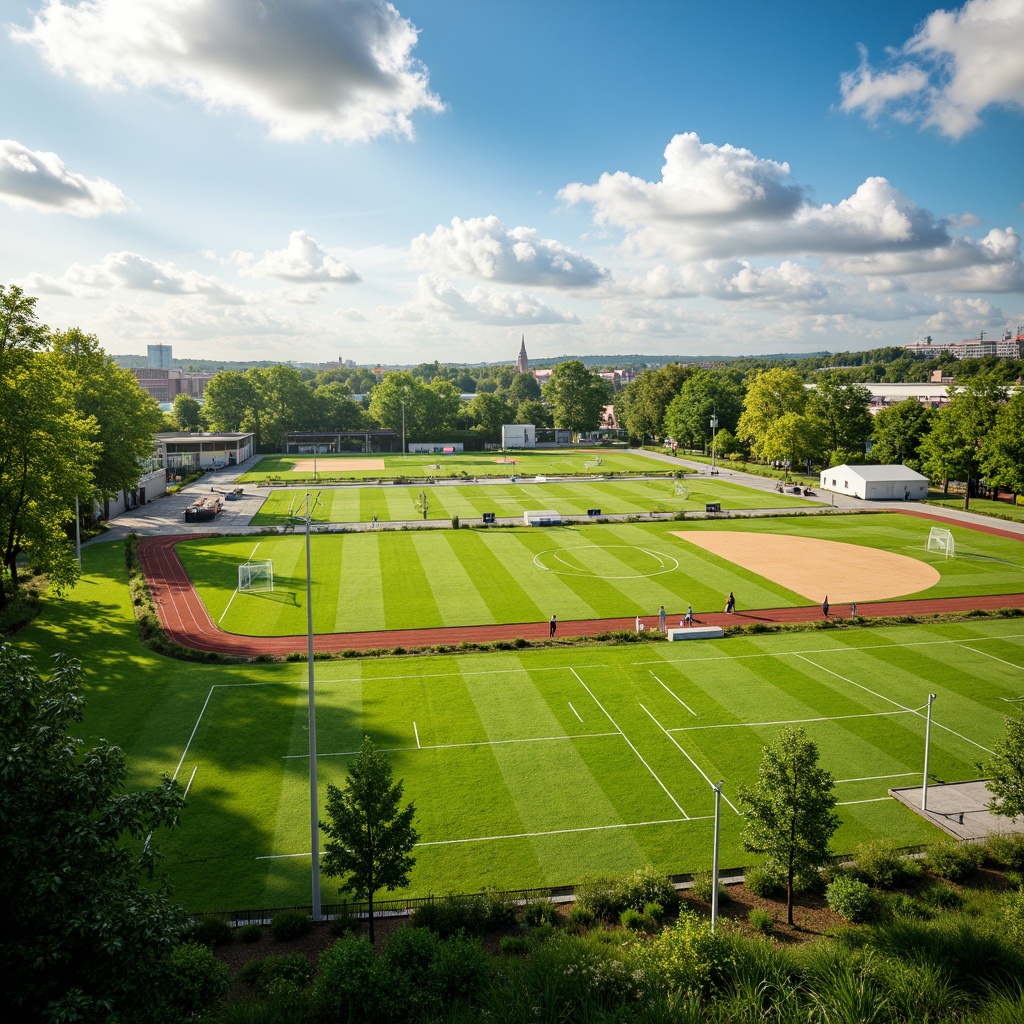 Prompt: Vibrant sports fields, lush green grass, athletic tracks, soccer goals, baseball diamonds, tennis courts, basketball hoops, football fields, goalposts, stadium seating, natural stone bleachers, modern sports facilities, bright white lines, vibrant team colors, sunny day, soft warm lighting, shallow depth of field, 3/4 composition, panoramic view, realistic textures, ambient occlusion.