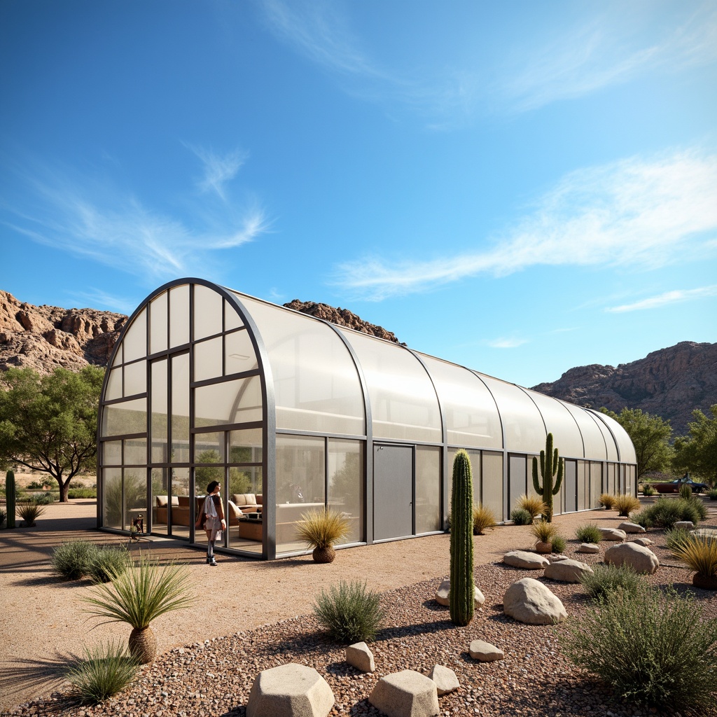 Prompt: Desert greenhouse, arid landscape, cactus plants, hot sunny day, clear blue sky, vast open space, innovative ventilation systems, evaporative cooling technologies, misting systems, shaded outdoor spaces, climate control solutions, temperature regulation, humidity management, air circulation, healthy plant growth, optimized crop yields, water conservation methods, sustainable agriculture practices, modern greenhouse architecture, sleek metal frames, polycarbonate roofs, automated irrigation systems, sensor-controlled environments, desert-inspired interior design, vibrant colorful accents.