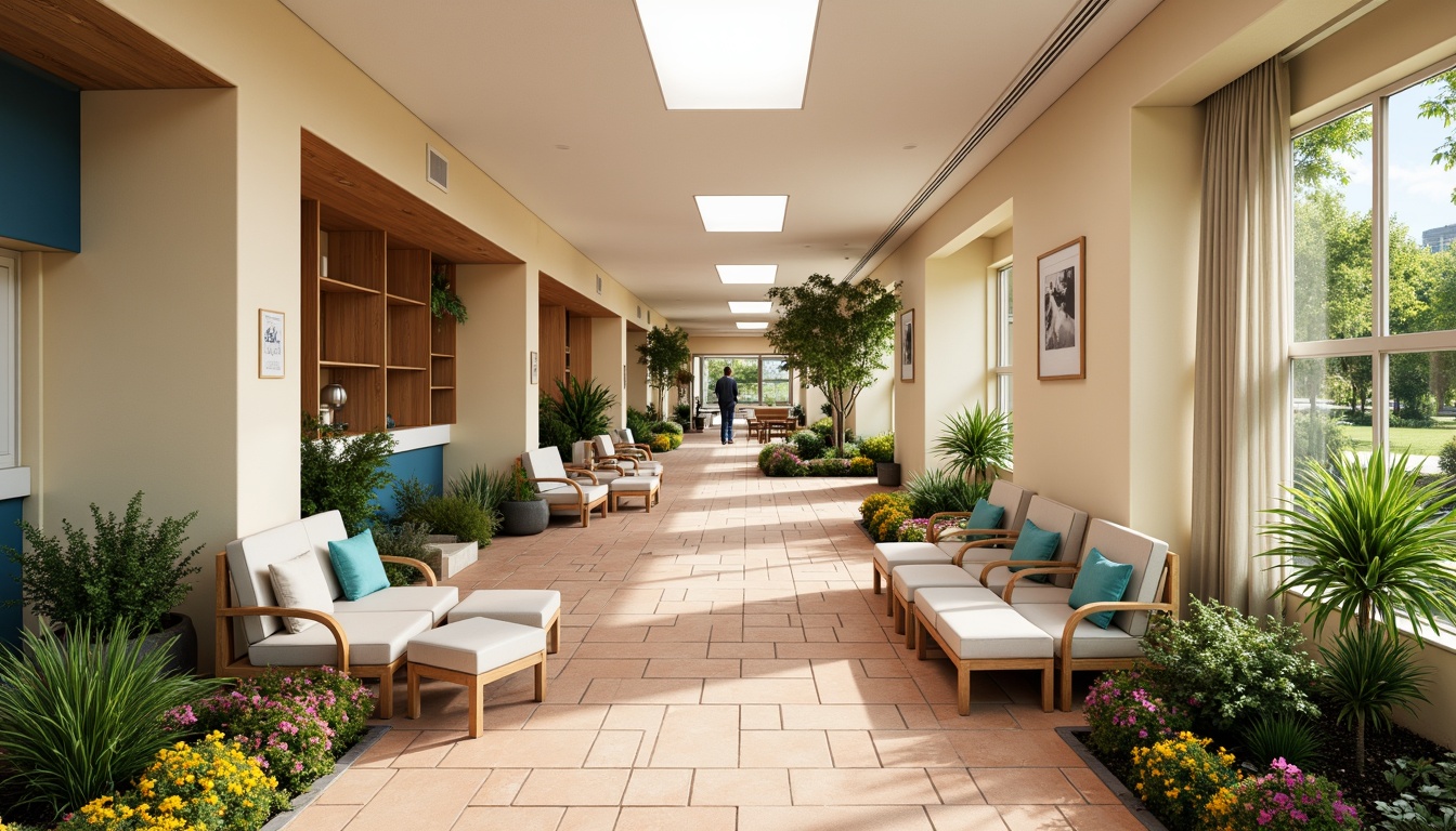 Prompt: Calming healthcare center, social housing style, warm beige walls, soothing light blue accents, natural wood furniture, comfortable seating areas, lush greenery, vibrant floral patterns, earthy terracotta floors, soft cream-colored curtains, minimal ornamentation, functional layouts, ample natural lighting, warm LED lighting, cozy reading nooks, communal kitchen spaces, social gathering areas, peaceful outdoor gardens, serene water features, gentle color transitions, 1/2 composition, shallow depth of field, realistic textures, ambient occlusion.Please let me know if this meets your expectations!