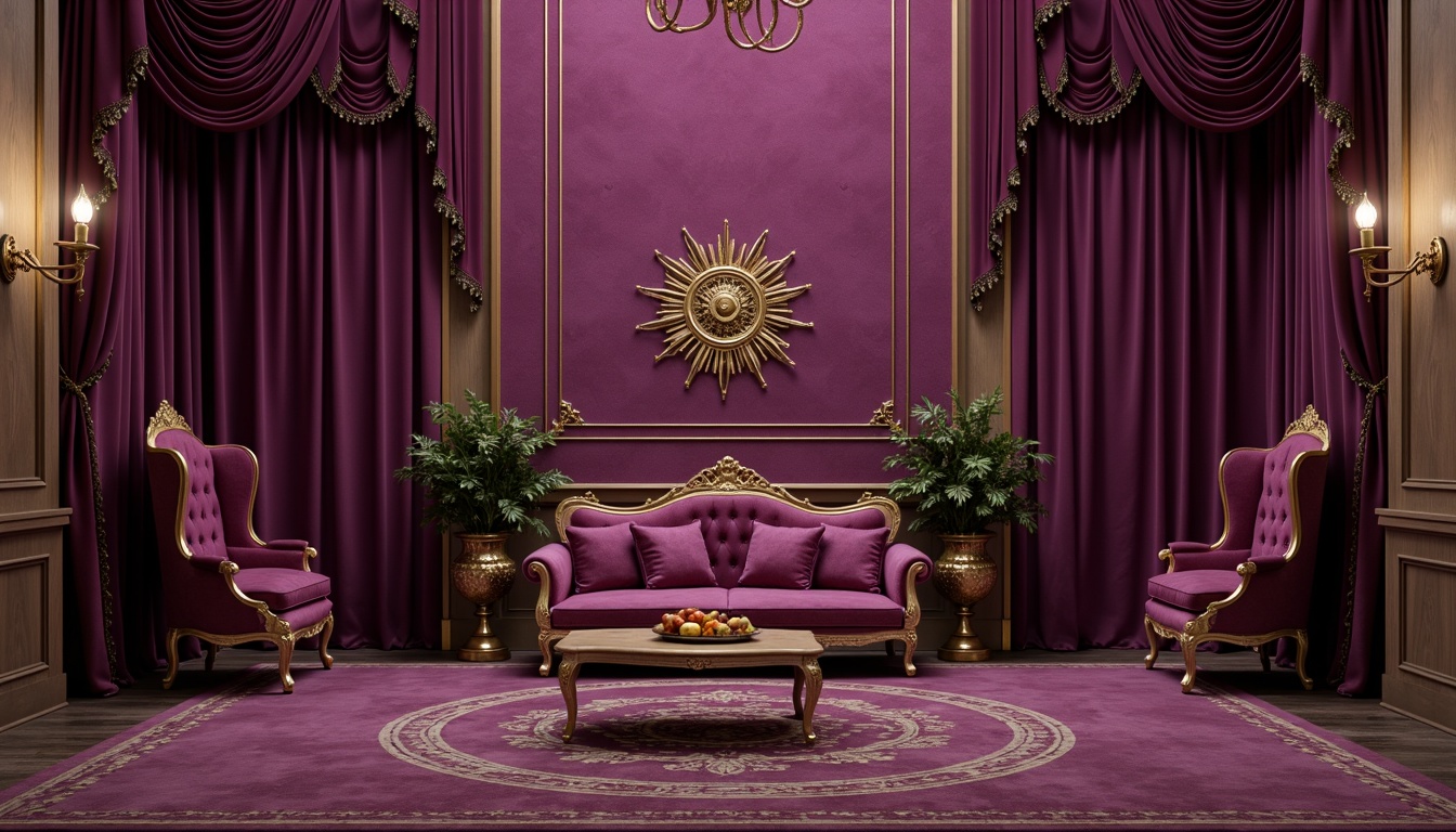 Prompt: Rich plum hues, luxurious velvet textures, ornate golden accents, lavish drapery, regal purple undertones, warm beige backgrounds, soft blush pink highlights, subtle berry nuances, elegant cream trimmings, sophisticated mauve shades, mysterious indigo undertones, dramatic lighting effects, shallow depth of field, 1/1 composition, realistic rendering, ambient occlusion.